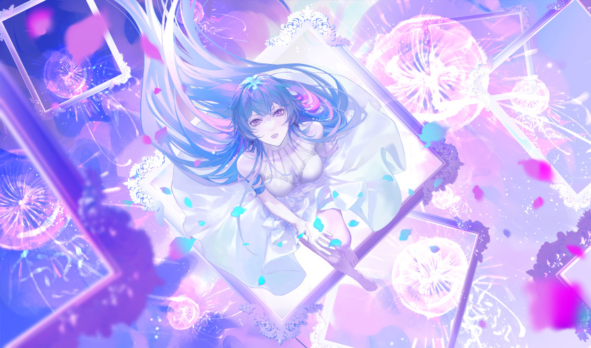 1girl abstract_background absurdly_long_hair absurdres alternate_costume arm_support bare_arms bare_legs bare_shoulders barefoot blue_hair blue_petals breasts chinese_commentary cleavage collarbone commentary dress falling_petals from_above full_body hamel_(path_to_nowhere) highres jellyfish knee_up long_hair looking_at_viewer looking_up medium_breasts path_to_nowhere petals picture_frame purple_eyes purple_petals sitting solo toes very_long_hair white_dress zhuling