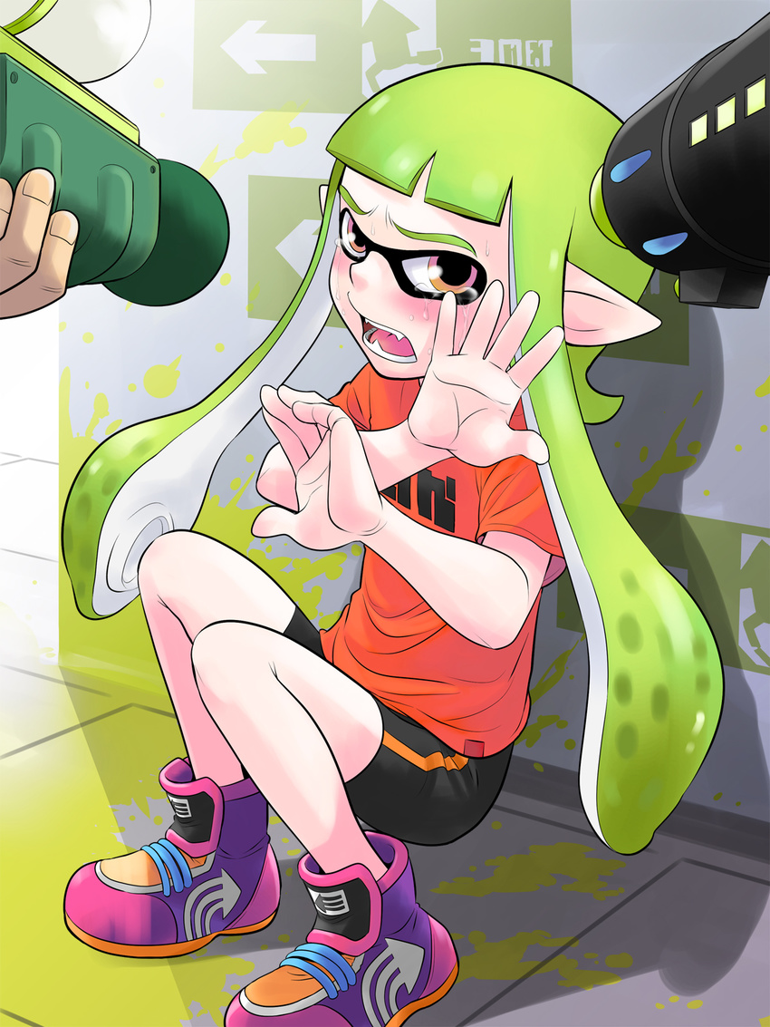 against_wall at_gunpoint bike_shorts covering_face crying crying_with_eyes_open ctrl-z domino_mask eyebrows fangs flat_chest full_body green_hair gun_to_head hands_up highres inkling long_hair mask orange_eyes pointy_ears shirt shoes short_hair_with_long_locks sidelocks sneakers splatoon_(series) splatoon_1 super_soaker t-shirt tears tentacle_hair