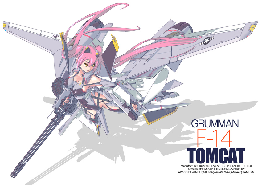 aim-54_phoenix aim-7_sparrow aim-9_sidewinder aircraft airplane animal_ears blush breasts cleavage error f-14_tomcat fighter_jet flying gatling_gun gun highres jet large_breasts long_hair looking_to_the_side m61_vulcan mecha_musume military military_vehicle missile nenchi original personification pilot pink_hair simple_background solo twintails weapon white_background yellow_eyes