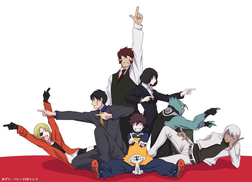 5boys black_hair blonde_hair brown_hair chain_sumeragi death_parade eyepatch fangs flyers glasses hamiya k.k. kekkai_sensen klaus_von_reinhertz leonardo_watch monkey multiple_boys multiple_girls parody short_hair sonic_speed_monkey steven_a._starphase thighhighs white_background white_hair zap_renfro zed_o'_brien