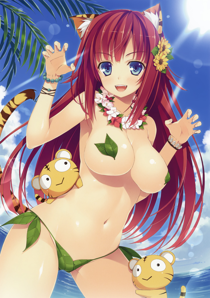 absurdres animal_ears bare_shoulders blue_eyes blue_sky bracelet breasts claw_pose cleavage day flower flower_necklace hair_flower hair_ornament highres jewelry kotora_(toranoana) large_breasts leaf_bikini lei lens_flare long_hair navel necklace pasties red_hair scan sky smile solo sunlight tail tiger tiger_ears tiger_tail toranoana underboob yuuki_hagure