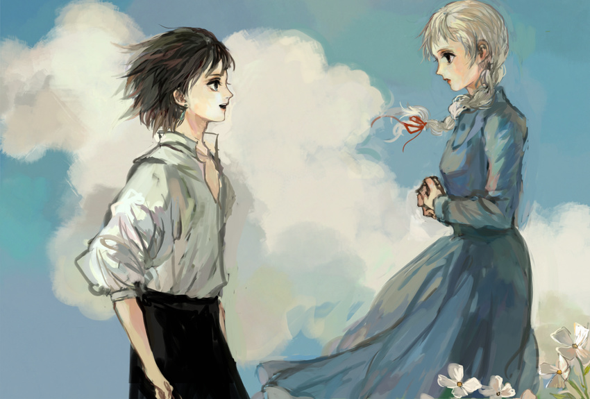 1girl black_hair blue_dress braid cloud day dress flower from_side hands_together highres howl_(howl_no_ugoku_shiro) howl_no_ugoku_shiro looking_at_another red_ribbon ribbon shirt short_hair silver_hair single_braid sky sophie_(howl_no_ugoku_shiro) toothbird victorian white_shirt wind