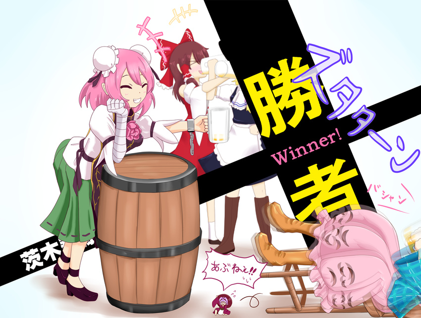 &gt;_&lt; 5girls afterimage alcohol angry arm_up bandaged_arm bandages barrel beer beer_mug blouse blurry boots bowl bowl_hat brown_hair bubble_skirt chair character_name closed_eyes cup depth_of_field detached_sleeves double_bun drinking elbow_rest flower flying_sweatdrops gameplay_mechanics gradient gradient_background grin hair_ribbon hakurei_reimu hat hata_no_kokoro holding holding_cup ibaraki_kasen japanese_clothes jiao_bei_jiu kettoshi_(8tarou) kimono kirisame_marisa knee_boots lying minigirl multiple_girls on_back out_of_frame pink_flower pink_hair pink_rose ribbon rose short_hair skirt smile sukuna_shinmyoumaru tabard touhou urban_legend_in_limbo