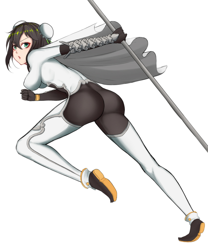 artist_request artist_requuest ass black_hair bodysuit breasts bun_cover cape chinese_clothes double_bun fate/grand_order fate_(series) fingerless_gloves gloves green_eyes large_breasts looking_at_viewer looking_back ninja open_mouth pants polearm qin_liangyu_(fate) running shiny shiny_clothes shiny_hair short_hair sideboob skin_tight solo spear standing tight tight_pants weapon