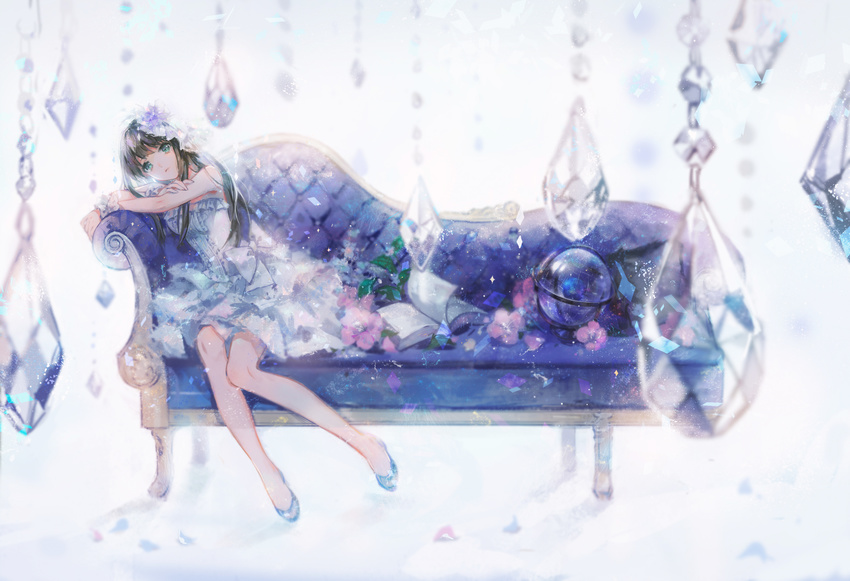 bad_id bad_pixiv_id book brown_hair couch dress glass_slipper green_eyes highres idolmaster idolmaster_cinderella_girls jewelry long_hair no_socks nosaki shibuya_rin solo white_dress