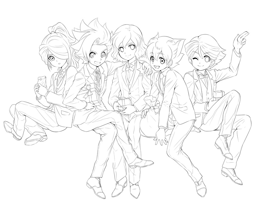 absurdres bad_id bad_pixiv_id crossover formal gift greyscale hair_over_one_eye highres ichinose_kazuya inazuma_eleven inazuma_eleven_(series) inazuma_eleven_go inazuma_eleven_go_galaxy kazemaru_ichirouta lineart long_hair looking_at_viewer male_focus matatagi_hayato matsukaze_tenma matsumoto_achi monochrome multiple_boys necktie one_eye_closed open_mouth ponytail shindou_takuto simple_background sitting smile suit time_paradox white_background