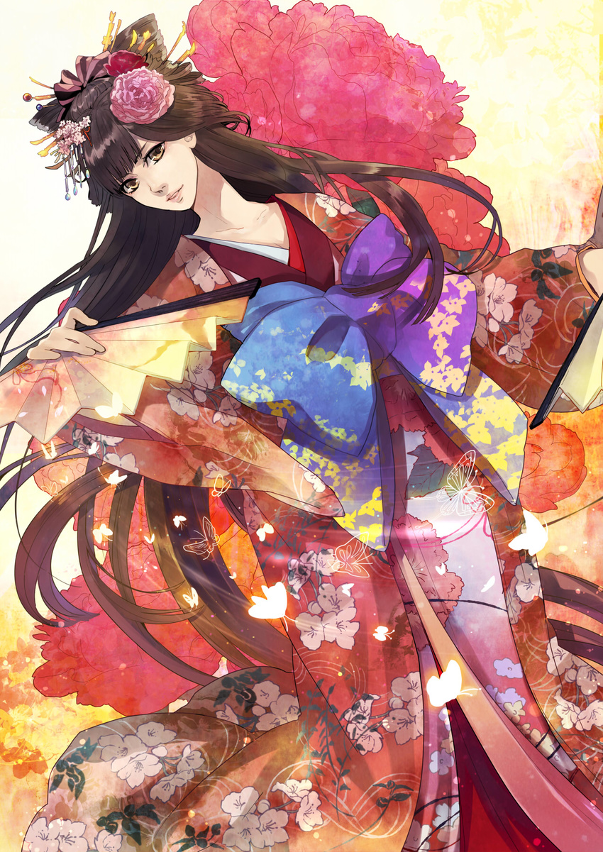 brown_hair fan floral_print flower folding_fan hair_flower hair_ornament highres japanese_clothes juuya kimono long_hair obi paper_fan sash solo very_long_hair