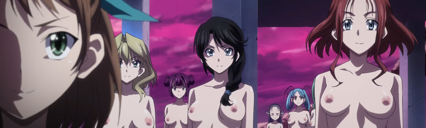 6+girls 8girls areolae black_hair blonde_hair blue_eyes blue_hair breasts brown_hair character_request ears eyebrows high_school_dxd high_school_dxd_born looking_at_viewer multiple_girls nipples nose outdoors red_hair screencap smile topless
