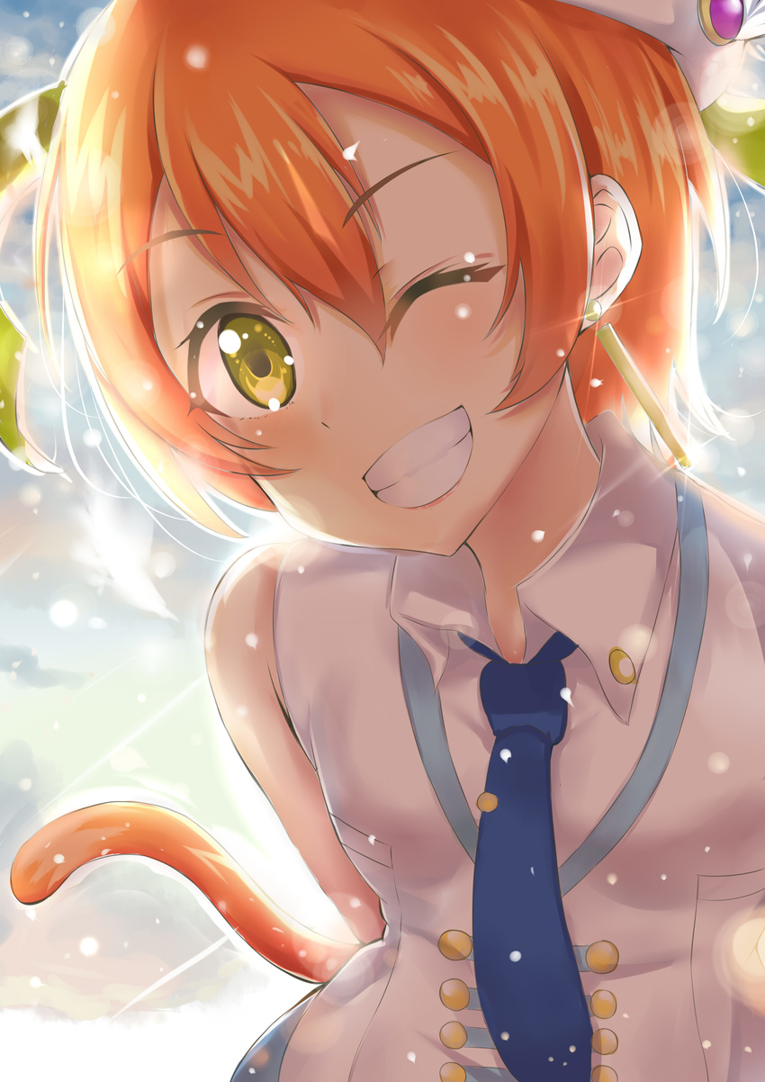 absurdres arms_behind_back cat_tail earrings gankami grin hat highres hoshizora_rin jewelry looking_at_viewer love_live! love_live!_school_idol_project necktie one_eye_closed orange_hair short_hair smile solo tail wonderful_rush yellow_eyes