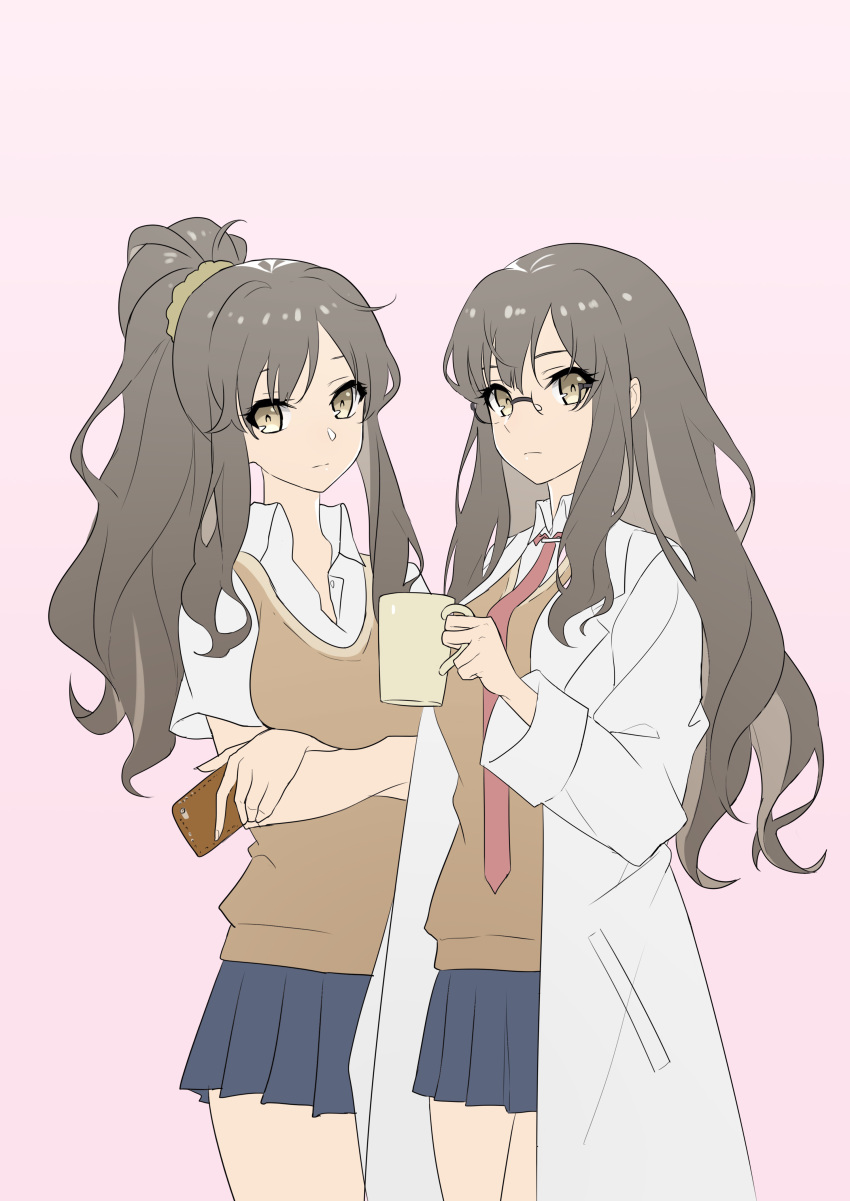 1girl absurdres bangs blue_skirt brown_eyes brown_hair closed_mouth coat collared_shirt commentary_request cowboy_shot crossed_arms cup expressionless futaba_rio glasses hair_ornament hair_scrunchie hand_up head_tilt highres holding holding_cup holding_phone labcoat long_coat long_hair long_sleeves looking_at_viewer miniskirt mosquito_coils mug necktie open_clothes open_coat phone pink_background pleated_skirt ponytail red_neckwear school_uniform scrunchie seishun_buta_yarou shirt short_sleeves side-by-side sidelocks simple_background skirt sweater_vest undershirt white_coat white_shirt