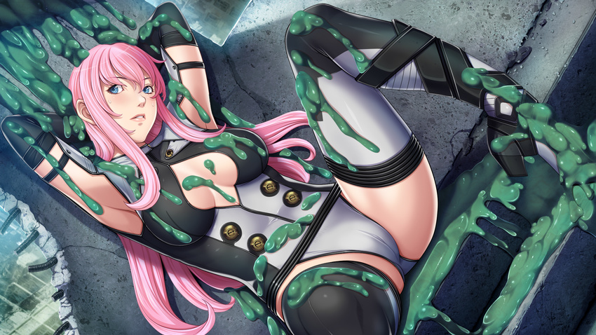 1girl armpits arms_up blue_eyes blush bodysuit boots breasts cameltoe cleavage cleavage_cutout closed_game dutch_angle empress empress_(studio) game_cg highres lacey_mallett large_breasts legs leotard long_hair looking_at_viewer monster no_bra pink_hair pink_lips pink_lipstick ruins sei_shoujo sitting skin_tight slime spread_legs sweatdrop thigh_boots thighhighs thighs