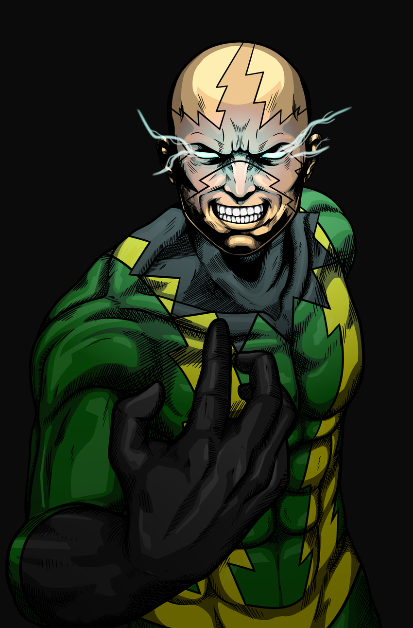 absurdres bald crosshatching electricity electro_(spider-man) evil_grin evil_smile facial_mark glowing glowing_eyes grin highres male_focus marvel no_pupils smile solo spider-man_(series) superhero unakichi