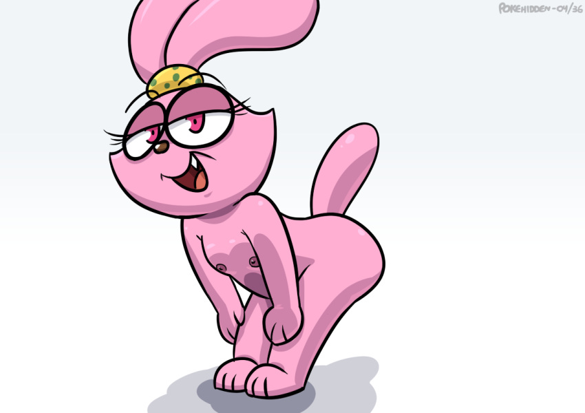 3_fingers 3_toes areola breasts brown_nose chowder_(series) cub eyelashes female half-closed_eyes lagomorph mammal nipples open_mouth panini_(chowder) pink_eyes pink_nipples pokehidden rabbit simple_background small_breasts smile solo teeth toes tongue white_background young