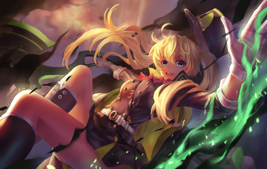 absurdres axe battle_axe belt black_footwear blonde_hair boots codec007 gloves hat hat_removed headwear_removed highres knee_boots long_sleeves open_mouth owari_no_seraph sanguu_mitsuba school_uniform shirt skirt smile solo twintails weapon white_gloves