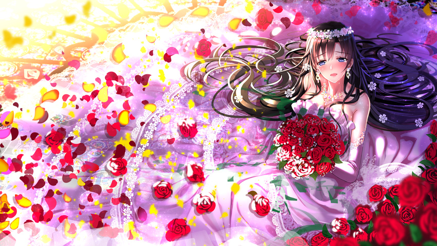 blush breasts brown_hair cleavage dress flower highres hiratsuka_shizuka long_hair medium_breasts rose solo swordsouls wedding_dress yahari_ore_no_seishun_lovecome_wa_machigatteiru.