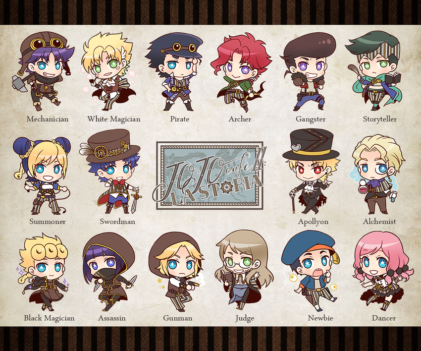 3girls 6+boys bandana_over_mouth book bow bowtie bruno_buccellati caesar_anthonio_zeppeli cane chibi cleavage_cutout dio_brando facial_mark fingerless_gloves flask formal giorno_giovanna glasses gloves goggles goggles_on_headwear gun gyro_zeppeli hair_bobbles hair_ornament hammer hat head_wings headband higashikata_jousuke higashikata_jousuke_(jojolion) hirose_yasuho hood johnny_joestar jojo_no_kimyou_na_bouken jojolion jonathan_joestar kakyouin_noriaki kira_yoshikage kishibe_rohan knife kuujou_jolyne kuujou_joutarou monocle multiple_boys multiple_girls nightcat pipe pompadour sparkle steel_ball_run sword top_hat weapon whip