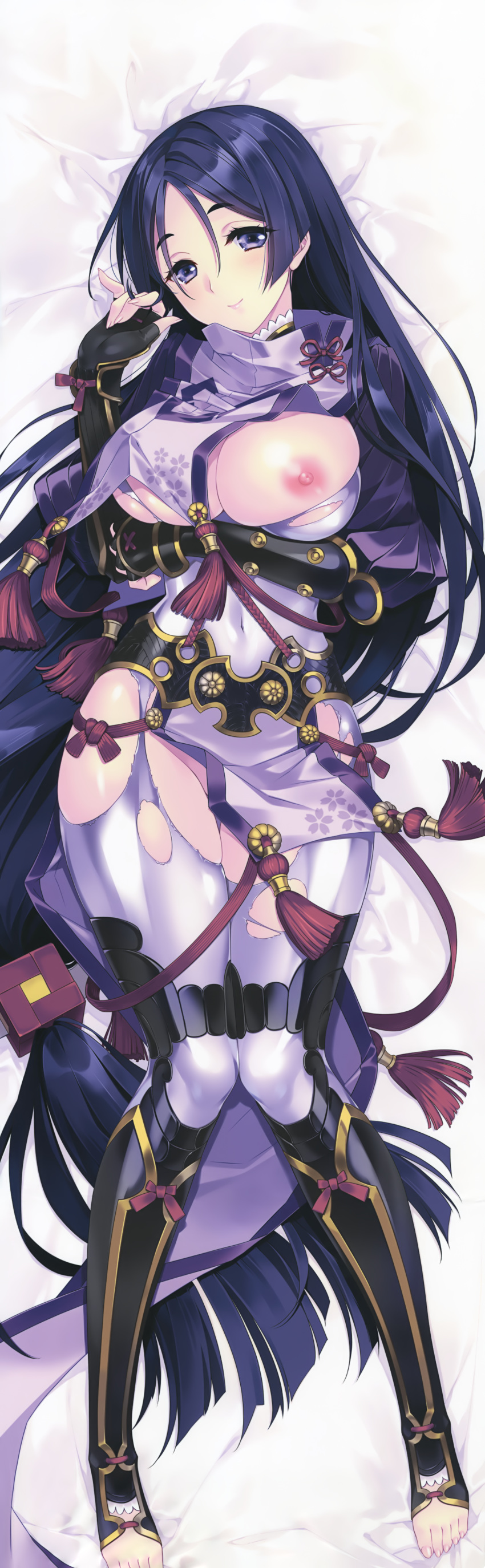 1girl absurdres armor bangs bed_sheet belt black_hair blush breasts carnelian closed_mouth dakimakura eyebrows eyelashes fate/grand_order fate_(series) female fingerless_gloves fingernails frills from_above full_body gloves groin highres huge_breasts japanese_armor japanese_clothes kote kurokote legs_together lips long_hair long_image looking_at_viewer lying minamoto_no_raikou_(fate/grand_order) nipples on_back on_bed one_breast_out purple_eyes shiny shiny_hair shiny_skin smile solo tall_image toes torn_clothes very_long_hair