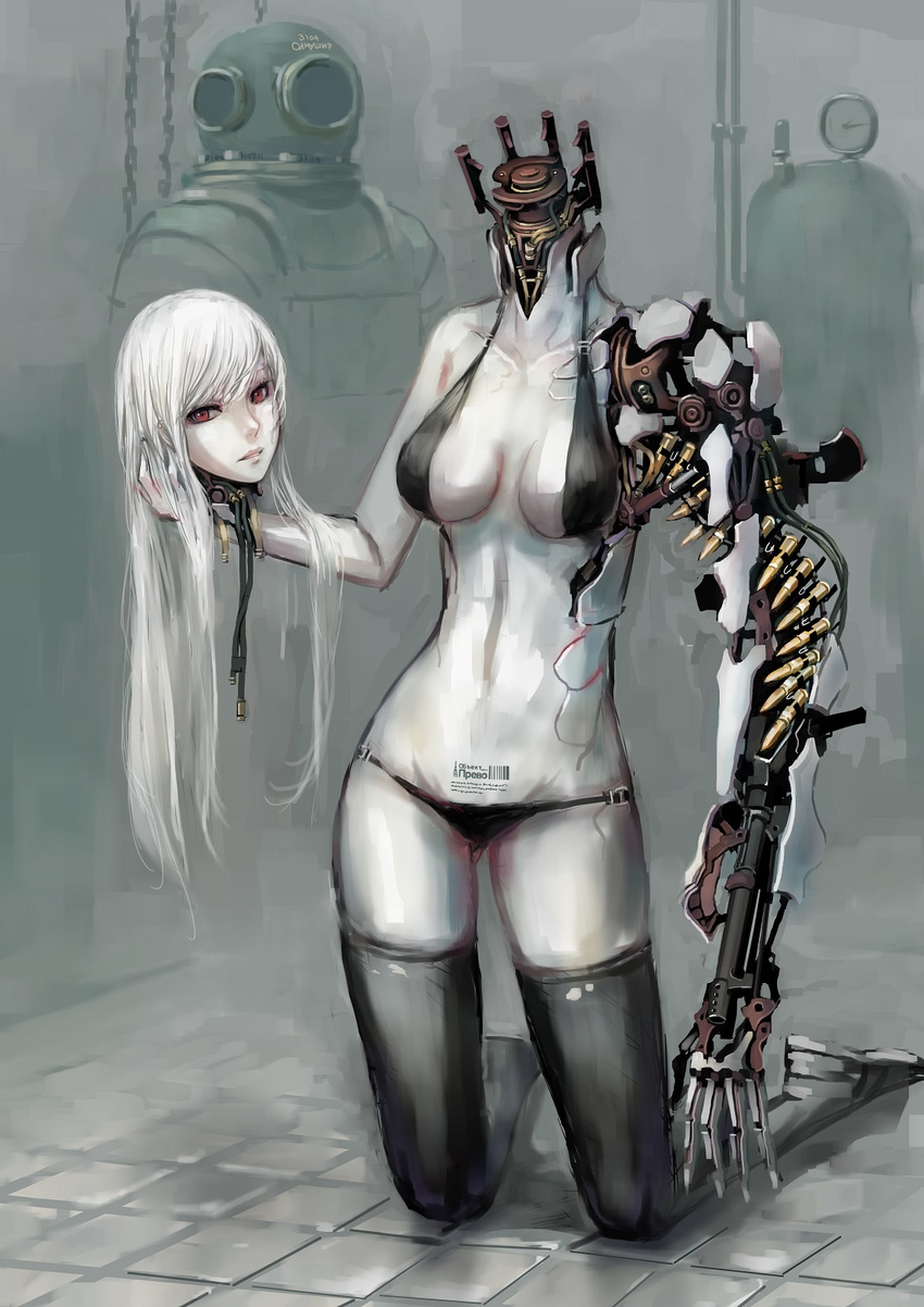 albino android arm_cannon bangs barcode bikini black_bikini black_legwear breasts bullet cable cleavage disembodied_head diving_suit gas_cylinder groin highres holding_head jittsu kneeling long_hair looking_at_viewer mecha_musume mechanical_arm medium_breasts original pale_skin parted_lips parts_exposed red_eyes solo swept_bangs swimsuit thighhighs tile_floor tiles weapon white_hair