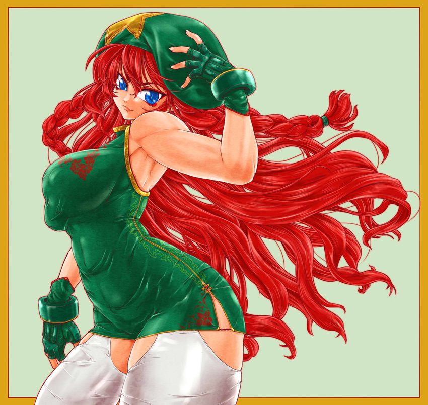 abs alternate_costume arched_back beret blue_eyes braid breasts china_dress chinese_clothes commentary_request covered_nipples dress eyeliner eyeshadow fingerless_gloves frame gloves green_dress green_gloves hair_ribbon hand_on_headwear hat highres hips hong_meiling large_breasts ledjoker07 lips long_hair looking_at_viewer looking_to_the_side makeup muscle muscular_female nose red_hair revision ribbon short_dress solo star taut_clothes taut_dress thick_thighs thighhighs thighs tight touhou twin_braids very_long_hair white_legwear wind