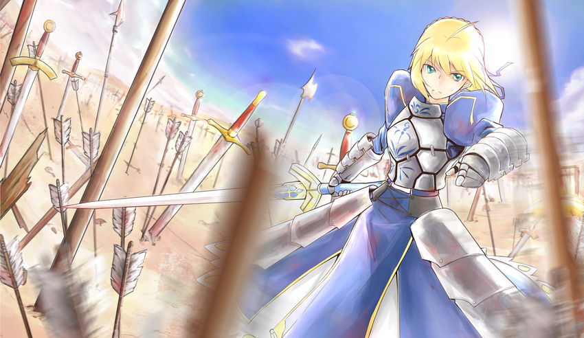 ahoge armor armored_dress arrow artoria_pendragon_(all) bad_id bad_pixiv_id blonde_hair blue_sky breastplate day dutch_angle excalibur fate/stay_night fate_(series) faulds field_of_blades gauntlets green_eyes halberd highres lens_flare nullnat planted_arrow planted_sword planted_weapon polearm puffy_sleeves saber short_hair sky solo spear sword weapon