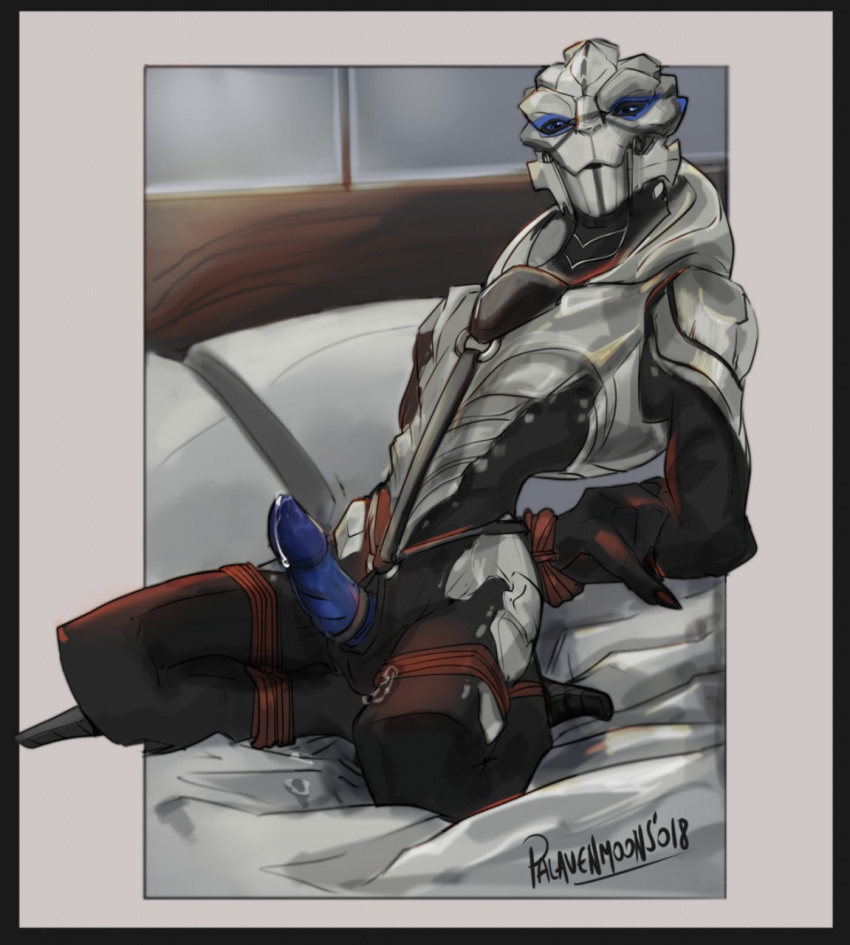 alien bdsm bed blue_penis bound erection kneeling looking_at_viewer male mass_effect nude palavenmoons penis precum restrains ribbed_penis rope rope_bondage rope_harness solo thedax_(character) turian video_games
