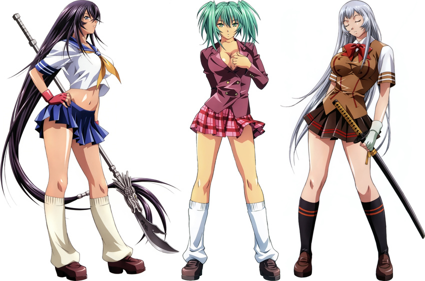 3girls blue_eyes breasts chouun_shiryuu cleavage dark_skin eyes_closed fingerless_gloves gloves green_eyes green_hair ikkitousen kan'u_unchou kan'u_unchou large_breasts lineup long_hair looking_at_viewer miniskirt multiple_girls ponytail purple_hair ryofu_housen short_skirt skirt smile socks spear standing sword twintails very_long_hair weapon white_background white_hair