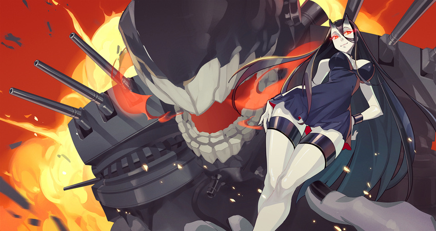 bad_id bad_pixiv_id battleship_hime black_dress black_hair breasts dress horns kantai_collection large_breasts long_hair mask_alice oni_horns pale_skin shinkaisei-kan short_dress smile solo very_long_hair