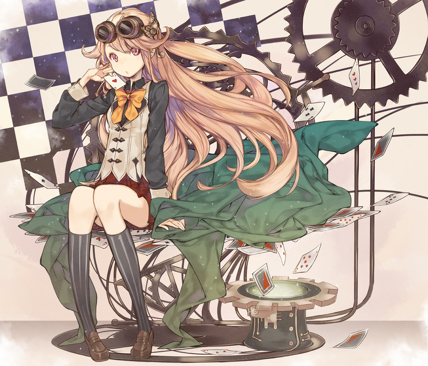 ace ace_of_hearts bow brown_footwear brown_hair card checkered checkered_background chiko_(mizuho) full_body gears goggles goggles_on_head hat hat_removed headwear_removed long_hair looking_at_viewer original playing_card purple_eyes ribbon shoes sitting skirt socks solo steampunk striped striped_legwear top_hat vertical-striped_legwear vertical_stripes vest