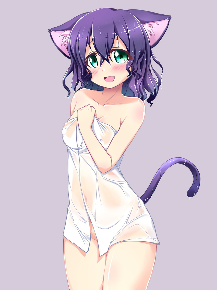 :d animal_ears blush breasts cat_ears cat_tail cyan_(show_by_rock!!) green_eyes highres looking_at_viewer matatabi_(2ccp) medium_breasts naked_towel open_mouth purple_background purple_hair see-through short_hair show_by_rock!! simple_background smile solo tail towel wet
