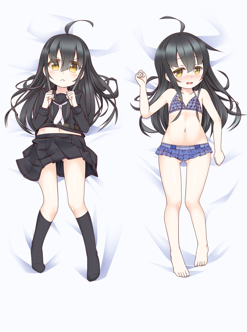 :&lt; absurdres ahoge barefoot black_hair black_legwear blush closed_mouth crescent crescent_moon_pin dakimakura hair_ornament highres kantai_collection long_hair lying mikazuki_(kantai_collection) multiple_views mutenka open_mouth school_uniform serafuku skirt swimsuit undressing yellow_eyes