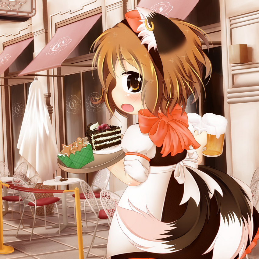 absurdres alcohol alternate_costume animal_ears apron beer beer_mug black_forest_cake brown_eyes brown_hair cafe cake cat_ears cat_tail chair chen cherry cup food from_behind fruit german_clothes gingerbread_cookie hair_ribbon hairband highres holding holding_cup jewelry kurumai looking_at_viewer looking_back multiple_tails open_mouth outdoors restaurant ribbon short_hair short_sleeves single_earring slice_of_cake solo table tail tile_floor tiles touhou tray waist_apron waitress