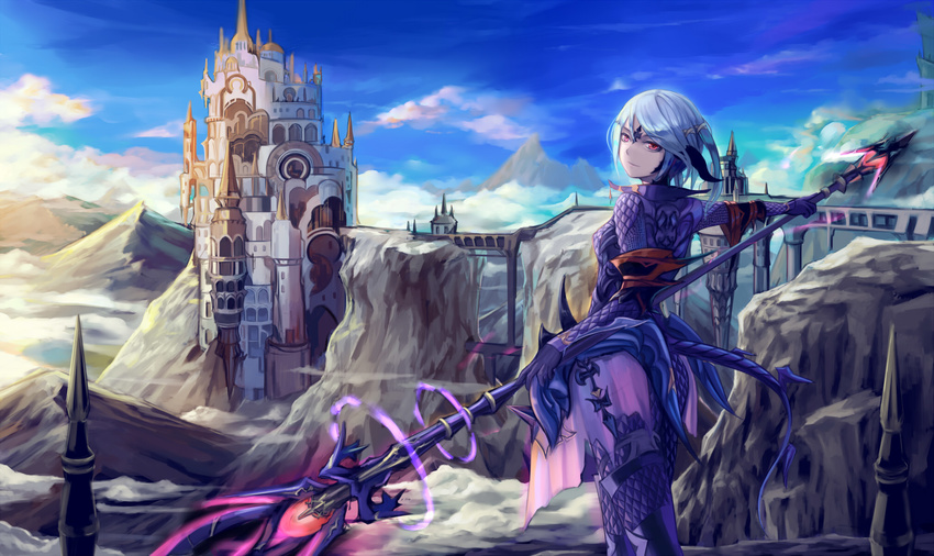 armor artist_request au_ra bridge castle cloud dragoon_(final_fantasy) facial_mark final_fantasy final_fantasy_xiv forehead_mark glowing glowing_weapon horns looking_back monster_girl mountain natsumoka red_eyes scale_armor scenery short_hair silver_hair solo spear sunlight tail