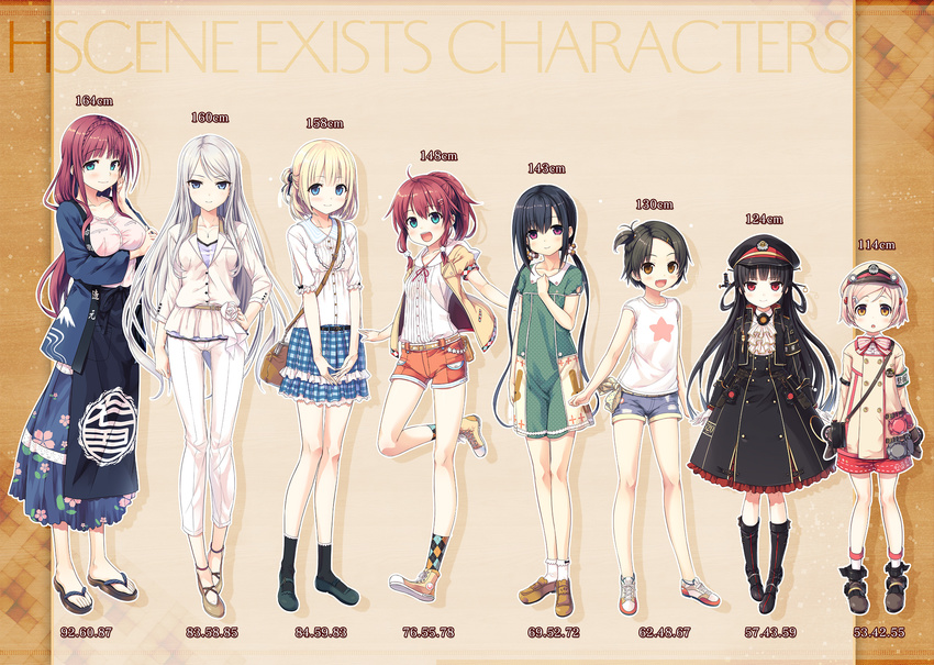 :d apron aqua_eyes argyle argyle_legwear bag belt black_hair black_legwear blonde_hair blue_eyes blush boots capri_pants crotch_seam cura denim denim_shorts dress fang flat_chest frilled_skirt frills full_body gloves green_dress hachiroku_(maitetsu) hair_ornament handbag hat hayase_fukami height_chart highres hinai_paulette houshou_kisaki jewelry knee_boots leg_up loafers long_hair looking_at_viewer low_twintails maitetsu mary_janes measurements migita_hibiki migita_makura minokasa_nagi multiple_girls necklace open_mouth pants peaked_cap pink_hair plaid plaid_skirt ponytail purple_eyes red_eyes red_hair reina_(maitetsu) sandals shoes short_hair shorts silver_hair skirt smile sneakers socks twintails very_long_hair white_gloves white_legwear yellow_eyes