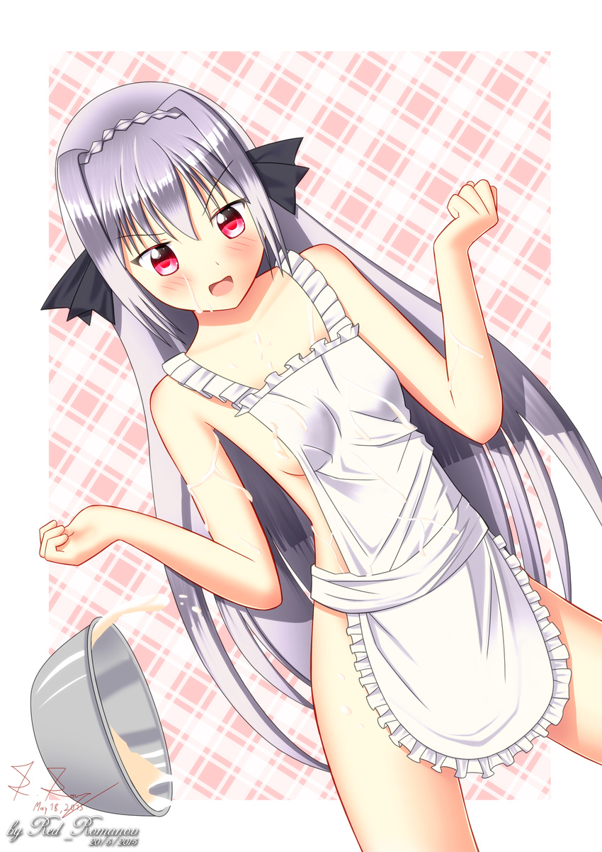 absurdres apron blush highres long_hair mixing_bowl naked_apron purple_hair red_eyes red_romanov sakurakouji_luna sexually_suggestive solo tsuki_ni_yorisou_otome_no_sahou