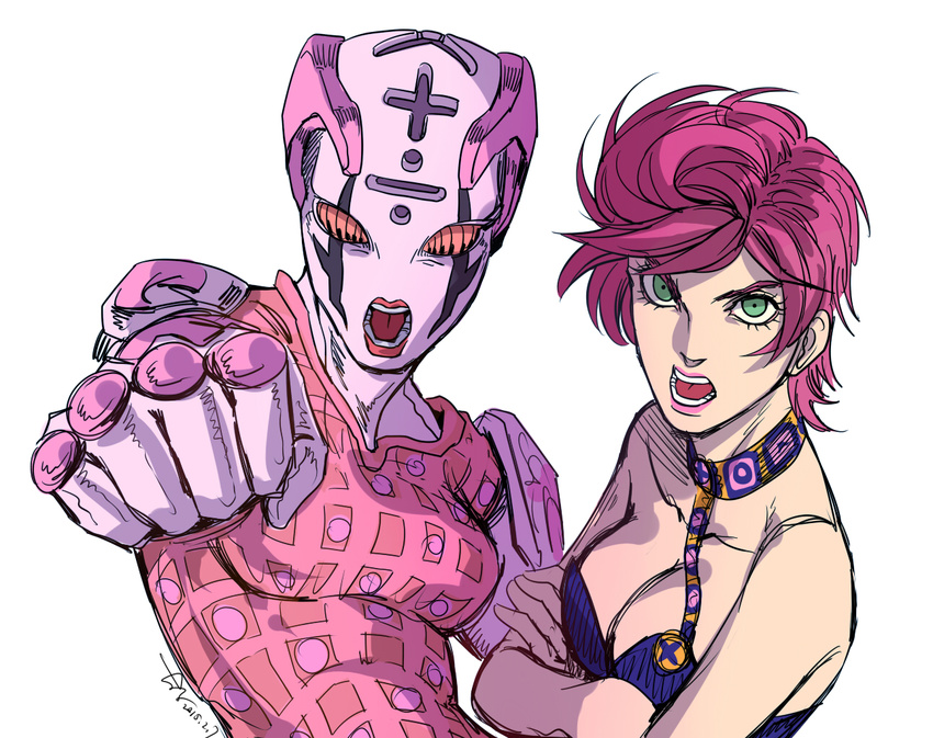 bad_id bad_pixiv_id breasts choker cleavage clenched_hand dated green_eyes jojo_no_kimyou_na_bouken lipstick makeup medium_breasts muyoucun open_mouth pink_hair pink_lipstick signature spice_girl_(stand) stand_(jojo) strap trish_una vento_aureo