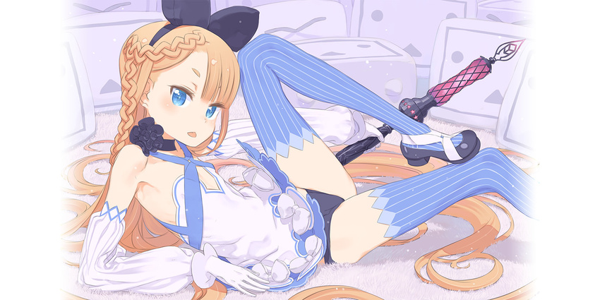 alicia_solid blonde_hair blue_eyes blue_legwear blush bow braid choker dress elbow_gloves flat_chest gloves hair_bow highres kuroboshi_kouhaku long_hair niconi_solid niconico official_art panties scepter solo striped striped_legwear thighhighs underwear vertical-striped_legwear vertical_stripes very_long_hair