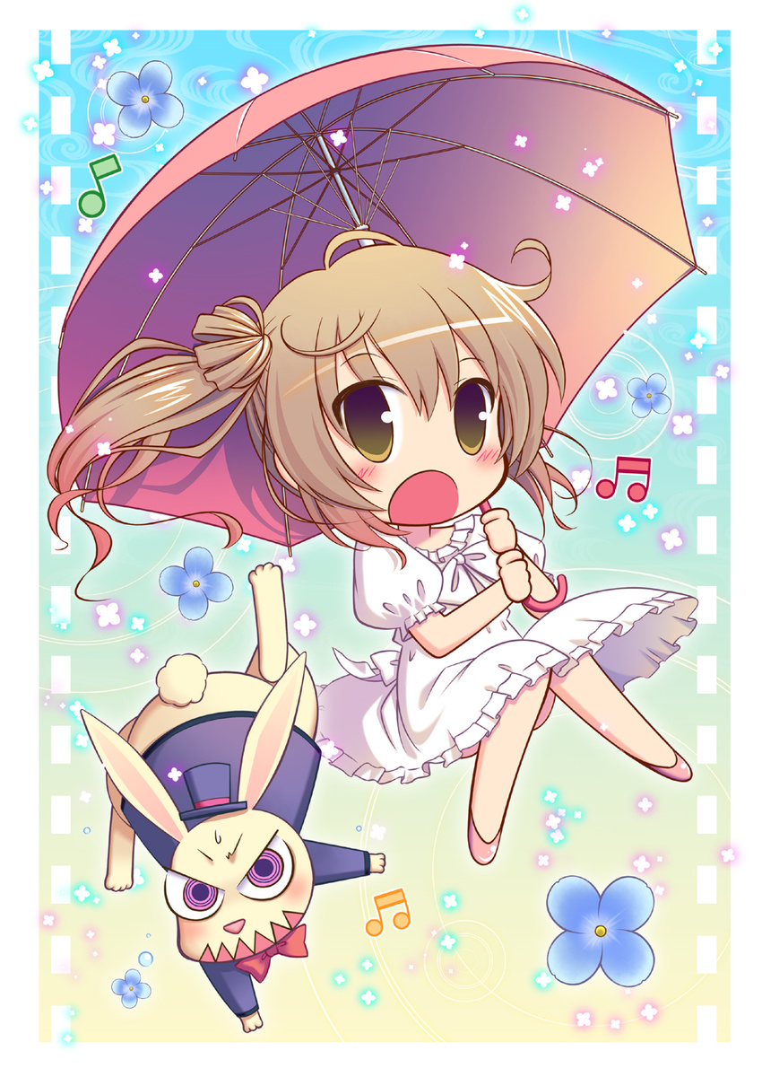 animal beamed_eighth_notes blush bow bowtie brown_eyes brown_hair bunny cevio chibi clothed_animal dress eighth_note flower hat highres long_hair musical_note noumiso_hoehoe open_mouth puffy_short_sleeves puffy_sleeves purple_eyes satou_sasara short_sleeves side_ponytail solo top_hat umbrella white_dress