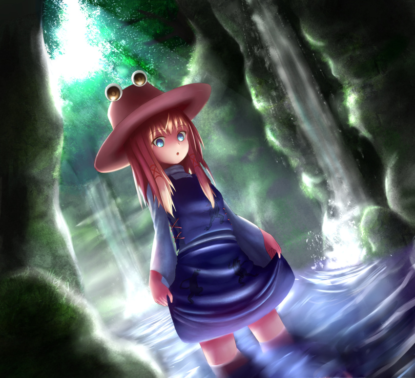 :o aletto-mikan animal_print blonde_hair blue_eyes cave dutch_angle frog_print hair_ribbon hat highres light_rays long_sleeves looking_at_viewer moriya_suwako moss outdoors ribbon short_hair sidelocks skirt skirt_hold skirt_set solo sunbeam sunlight touhou wading water waterfall