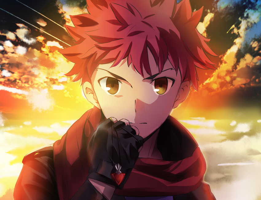 bad_id bad_pixiv_id brown_eyes emiya_shirou fate/stay_night fate_(series) fingerless_gloves gloves jewelry locket magicians_(zhkahogigzkh) male_focus necklace official_style pendant red_hair scarf solo sunset