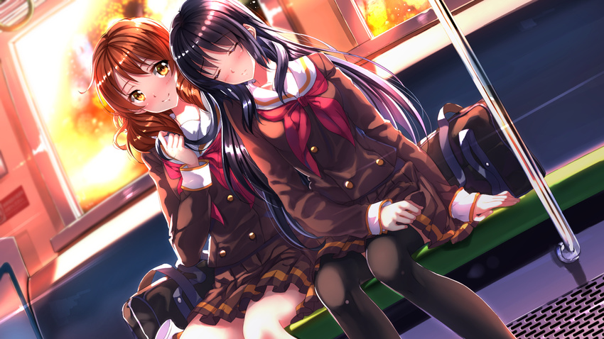 bag black_hair black_legwear blonde_hair blush brown_hair closed_eyes head_tilt hibike!_euphonium highres kousaka_reina leaning_on_person leaning_to_the_side long_hair multiple_girls neckerchief oumae_kumiko red_neckwear school_bag school_uniform short_hair side-by-side sitting skirt sleeping sleeping_on_person sleeping_upright smile swordsouls thighhighs train_interior