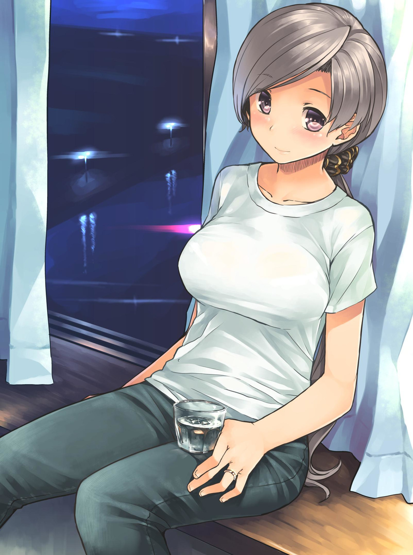 aaru_(tenrake_chaya) breasts casual chitose_(kantai_collection) contemporary denim highres jeans jewelry jpeg_artifacts kantai_collection large_breasts pants ponytail ring shirt sitting solo t-shirt