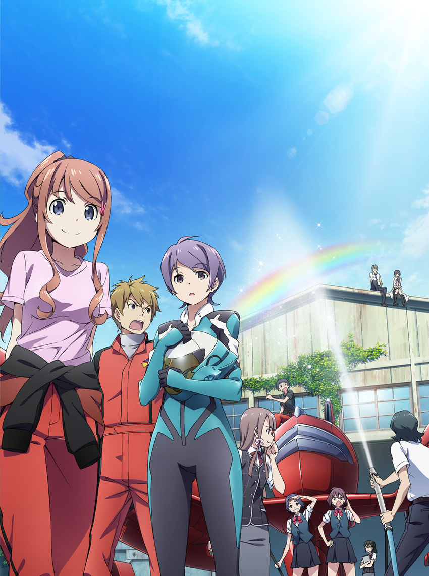 6+girls biker_clothes bikesuit blue_hair brown_hair classroom_crisis hanaoka_tsubasa highres kaminagaya_aki kanzaki_hiro kitahara_kojirou labcoat maioka_sakugo multiple_boys multiple_girls nounen_yuna official_art purple_hair ryouke_makoto school_uniform sera_kaito sera_mizuki_(classroom_crisis) shirasaki_iris short_hair takanashi_kaoruko yamaki_subaru