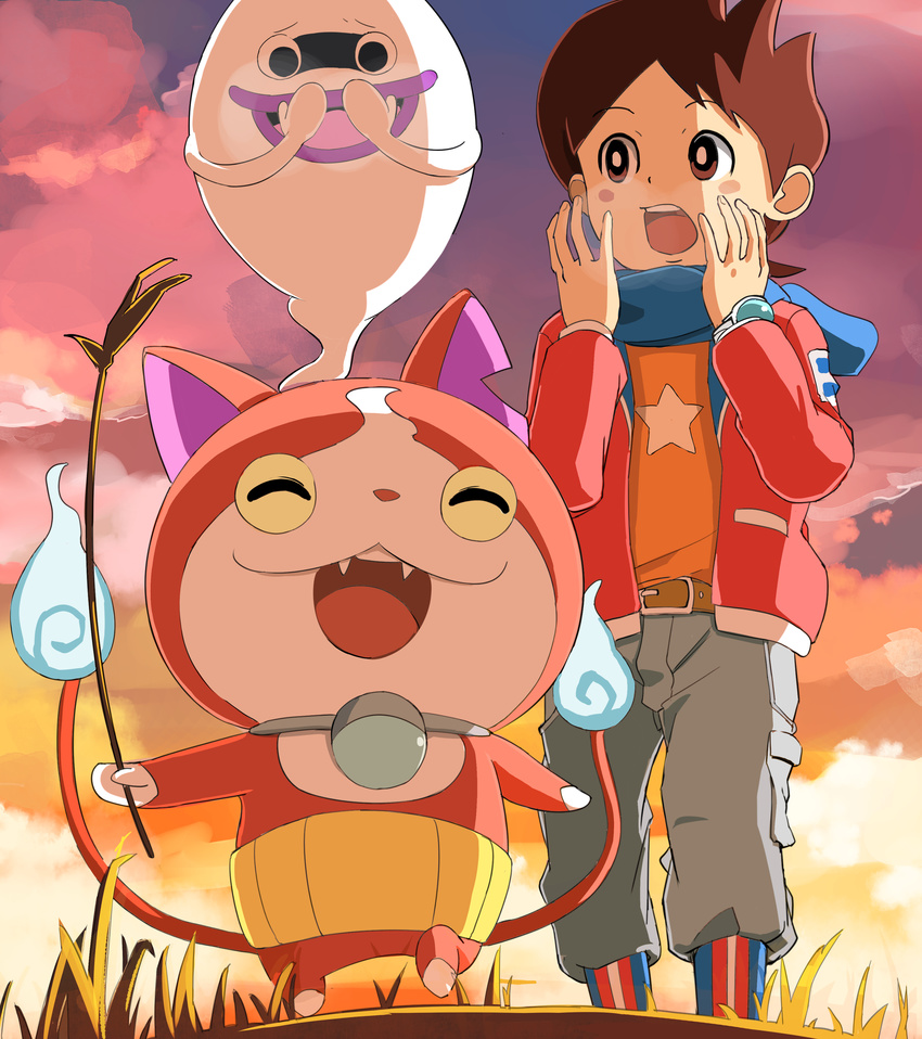 absurdres amano_keita bad_id bad_pixiv_id belt besuyama blush boots breathing_on_hands brown_eyes brown_hair cat commentary_request fangs ghost haramaki highres jacket jibanyan multiple_tails notched_ear open_clothes open_jacket open_mouth outdoors purple_lips short_hair star tail two_tails walking watch whisper_(youkai_watch) wristwatch youkai youkai_watch youkai_watch_(object)