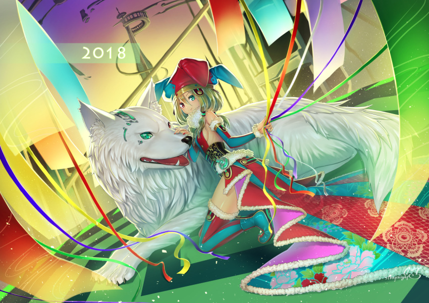 1girl blonde_hair chinese_zodiac cybernetic_parts detached_sleeves flat_chest fur fur_collar fur_trim green_eyes happy_new_year hat heterochromia holding_string jester jester_cap kneeling looking_at_viewer mitake_eiru nail_polish nengajou new_year original red_eyes smile thighhighs white_wolf year_of_the_dog