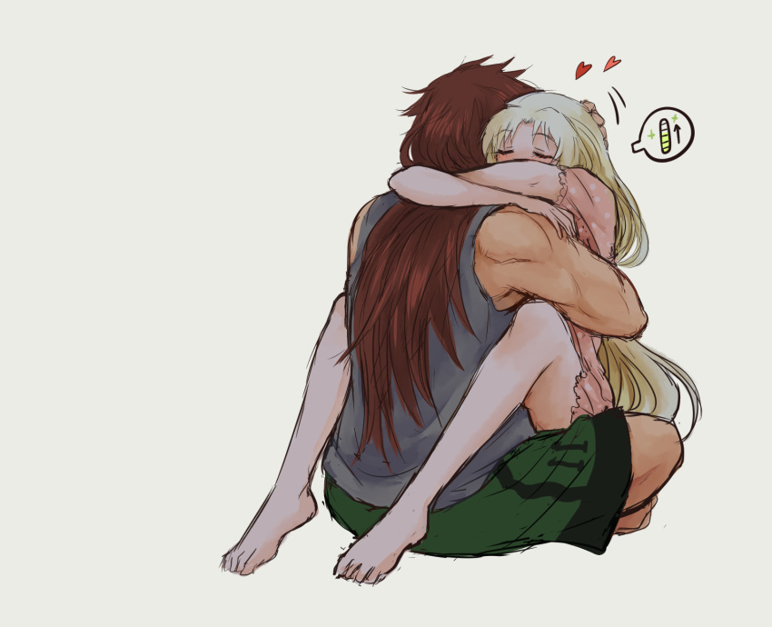 1boy 1girl barefoot brown_hair charging commentary couple english_commentary eyes_closed full_body green_hair green_shorts grey_background grey_shirt heart highres hug long_hair original pink_pajamas reef shirt shorts simple_background spoken_battery very_long_hair