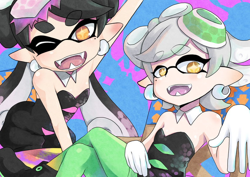 2girls ;d aiai_(jsm) aori_(splatoon) bare_shoulders black_hair cousins detached_collar domino_mask dress earrings fangs food food_on_head gloves green_legwear highres hotaru_(splatoon) jewelry long_hair looking_at_viewer mask mole mole_under_eye multiple_girls object_on_head one_eye_closed open_mouth orange_eyes pantyhose pointy_ears purple_legwear short_hair short_jumpsuit silver_hair smile splatoon_(series) splatoon_1 strapless strapless_dress sushi tentacle_hair unitard white_gloves