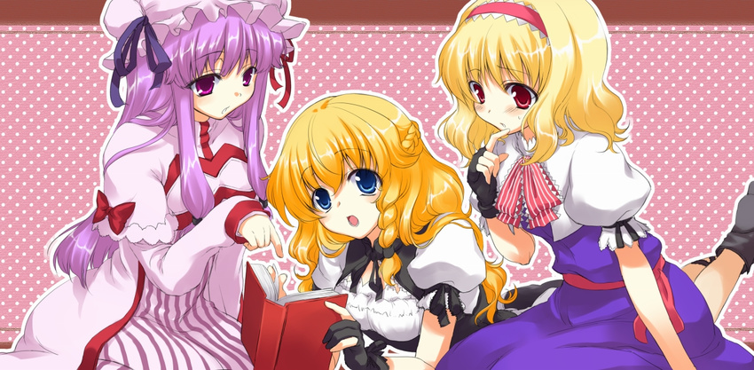 alice_margatroid blonde_hair blue_eyes book braid fingerless_gloves gloves hairband hat kajo kirisame_marisa multiple_girls patchouli_knowledge purple_eyes purple_hair red_eyes touhou