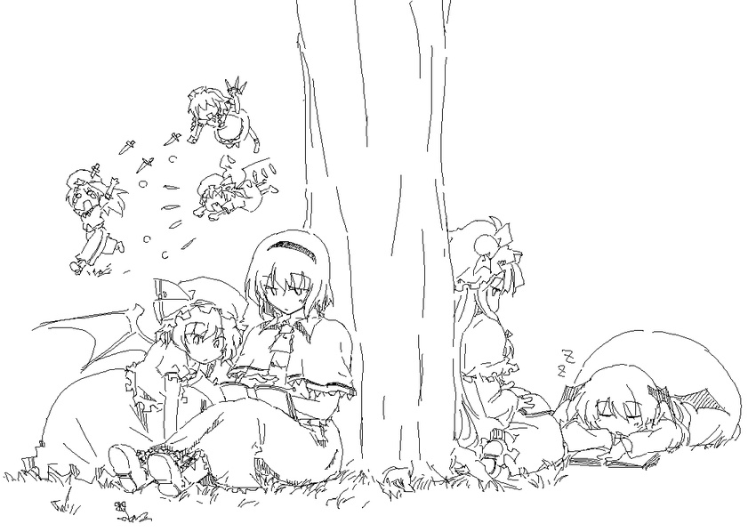 alice_margatroid bat_wings book fang flandre_scarlet greyscale hairband hat head_wings hong_meiling izayoi_sakuya knife knifed koakuma long_hair lysander_z maid monochrome multiple_girls o_o oekaki patchouli_knowledge remilia_scarlet running short_hair sleeping touhou tree vampire wings zzz