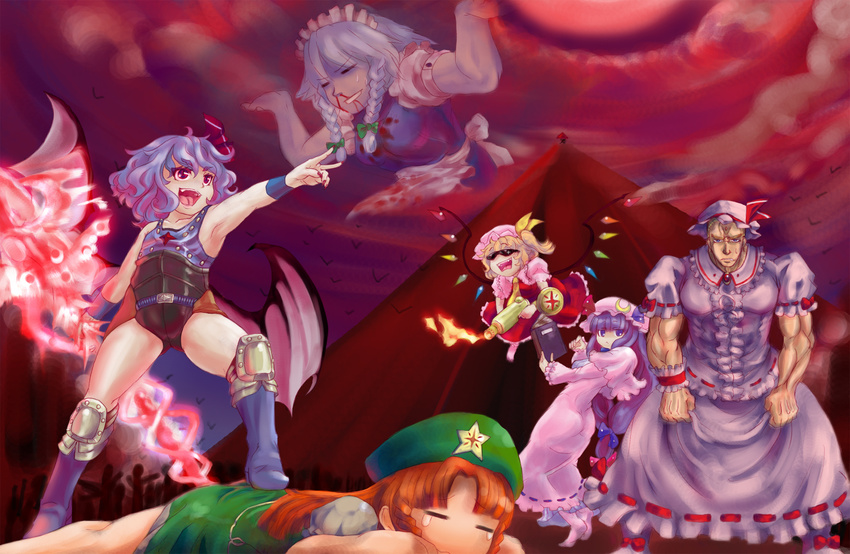 5girls =_= armpits bat_wings blonde_hair blood book braid china_dress chinese_clothes dress fangs fire flamethrower flandre_scarlet glasses hat hokuto_no_ken hong_meiling izayoi_sakuya long_hair multiple_girls nosebleed one_side_up parody patchouli_knowledge ponytail purple_eyes purple_hair pyramid red_eyes red_hair rekise remilia_scarlet short_hair shuu_(hokuto_no_ken) silver_hair souther sunglasses tears touhou twin_braids weapon wings