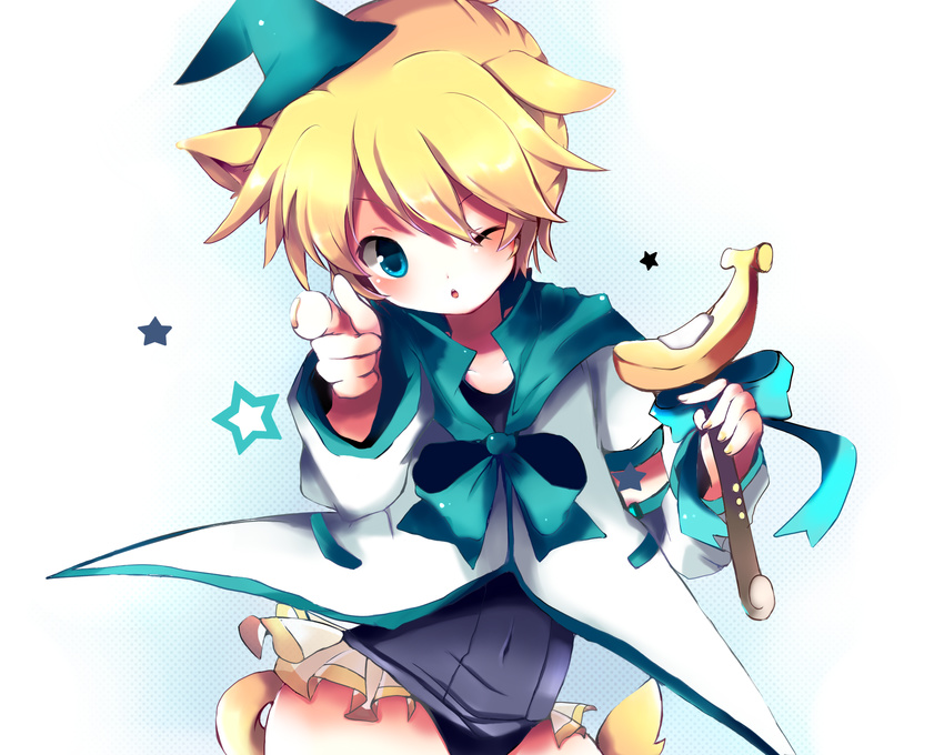 animal_ears aqua_eyes bad_id bad_pixiv_id banana blonde_hair food fruit hat highres holding kagamine_len kagamine_len_no_bousou_(vocaloid) magical_girl male_focus one_eye_closed otoko_no_ko school_swimsuit solo suzugo@erorin swimsuit swimsuit_under_clothes tail vocaloid wand witch_hat